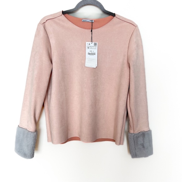 NWT | Zara Faux Suede Top Faux Fur Sleeve Trim Light Pink Grey Gray Pullover M - Picture 8 of 13